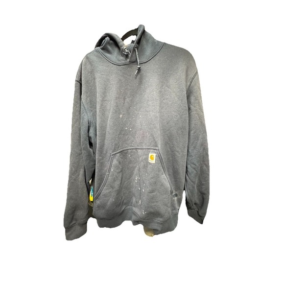 Men Carhartt Blue Hoodie Sweatshirt Size Large Distressed By Work Logo Down Arm - Picture 1 of 11